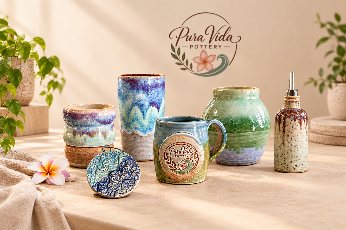 A rustic pottery workshop scene with multiple glazed ceramic mugs, jars, and a small bottle arranged on a wooden table. A sign reading 'Pura Vida Pottery' is visible in the background, along with plants, shelves of pottery, and warm natural light from a window.